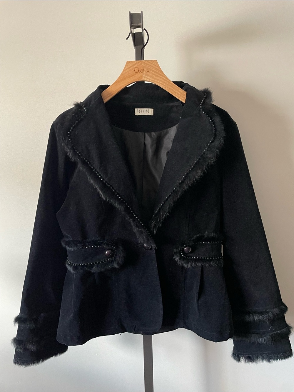 90s Y2K Vintage Vessuti Velvet Real Fur Beaded Trim Jacket Blazer Whimsigoth